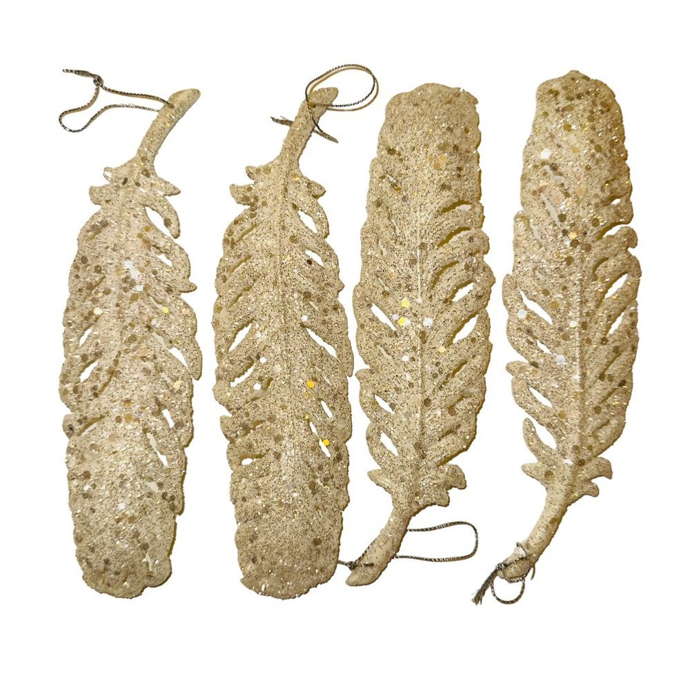 set of 4 large cream glitter feather ornaments 80s vintage
